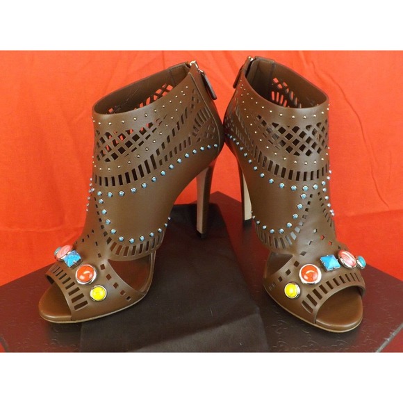 GUCCI LIKA LASER CUT BROWN LEATHER JEWELED STONES ANKLE BOOTS 37.5 # 371057 - Picture 1 of 12